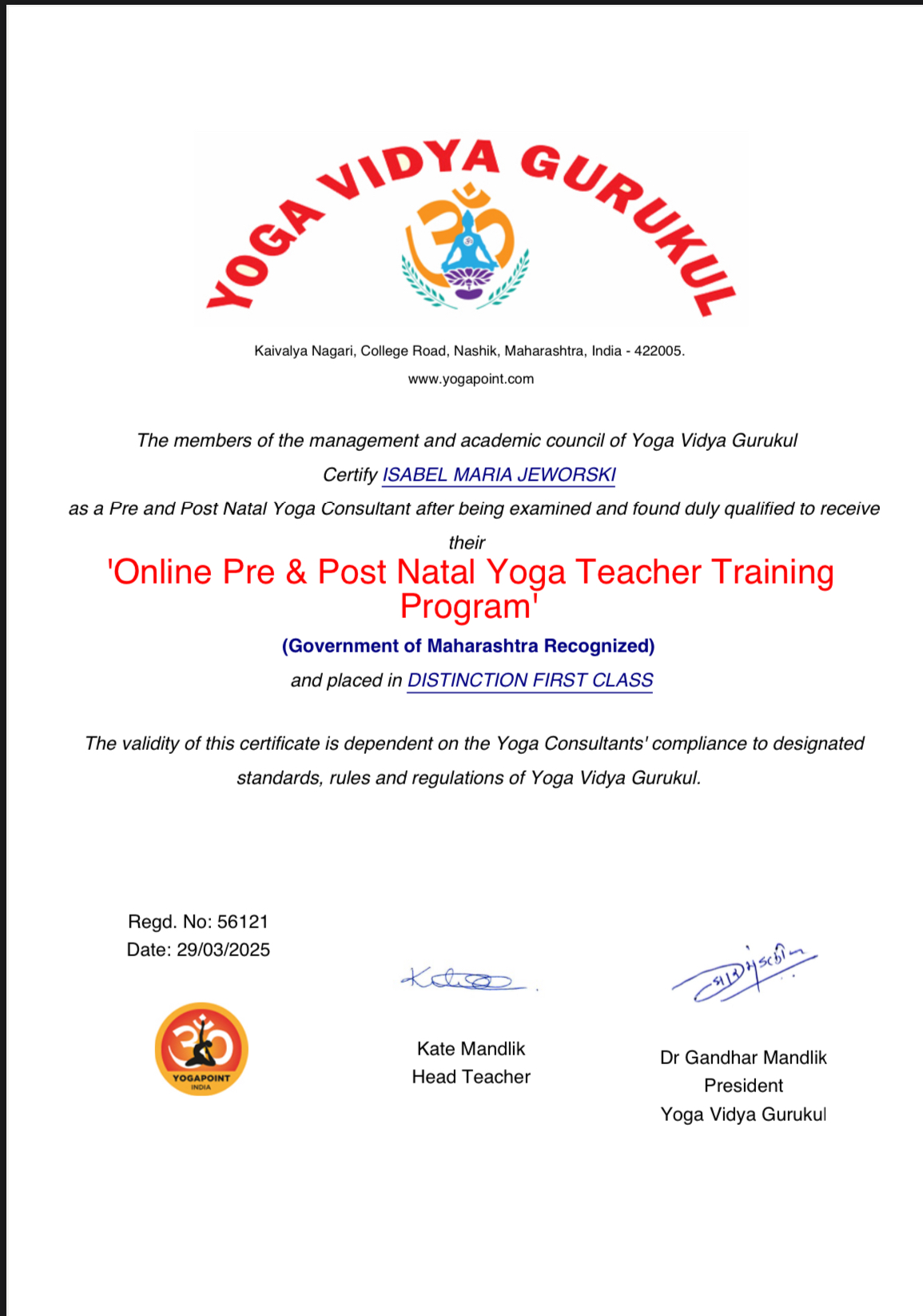Isabel Maria Jeworski — Pre and Post Natal Yoga Consultant certificate, Yoga Vidya Gurukul India