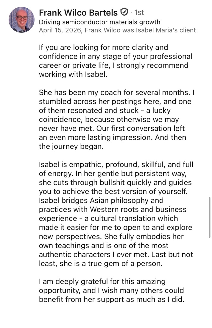 Frank W. LinkedIn recommendation for Isabel Maria Jeworski — Monkey Mind Retreats