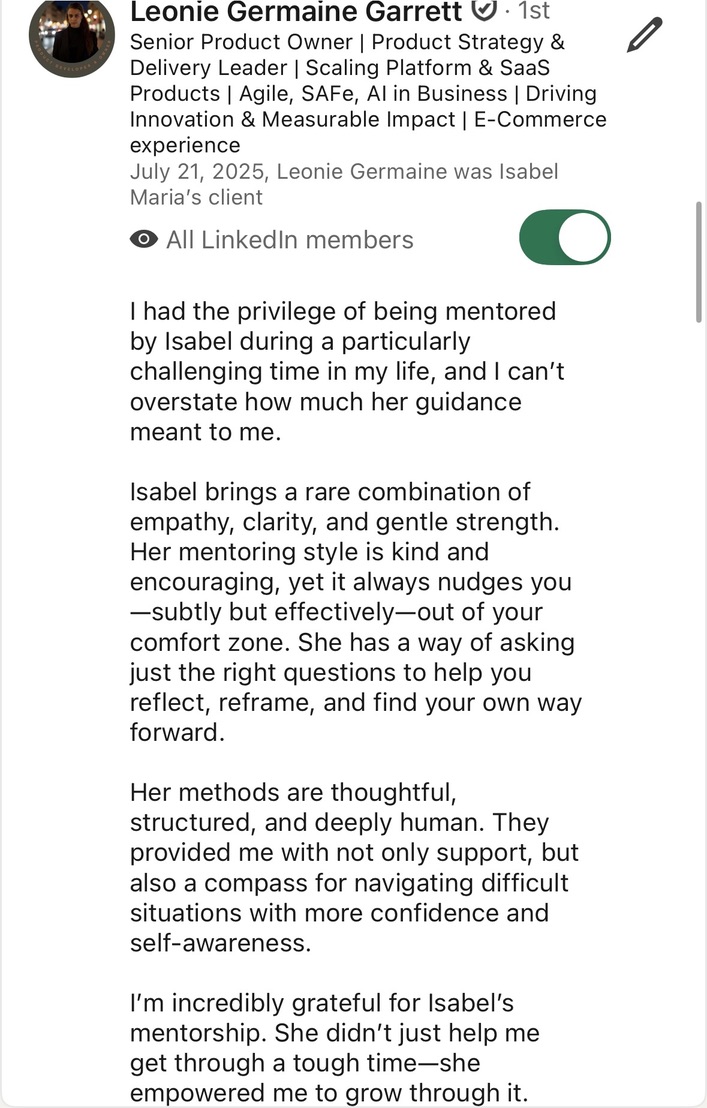 Leonie G. LinkedIn recommendation for Isabel Maria Jeworski — Monkey Mind Retreats