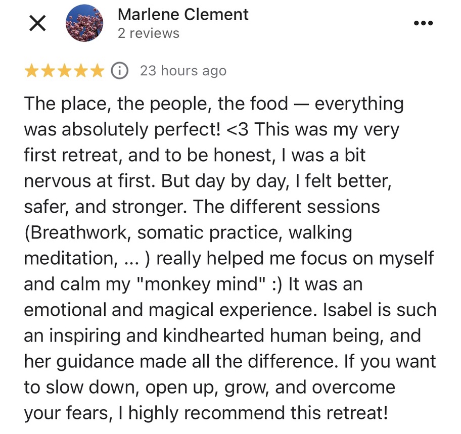 Marlene Clement 5-star Google Review — Monkey Mind Retreats Priceless Peace Retreat Portugal