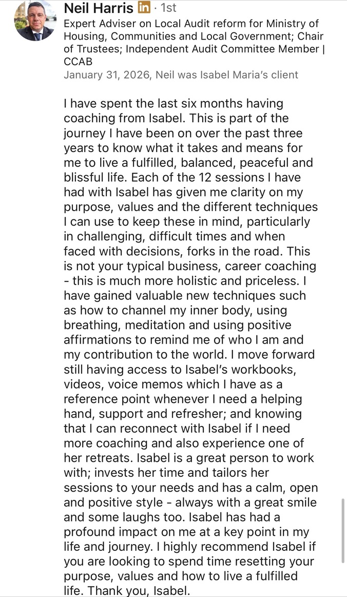 Neil H. LinkedIn recommendation for Isabel Maria Jeworski — Monkey Mind Retreats